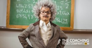 Little Einstein in front of blackboard with Coaching Questions to Get Unstuck