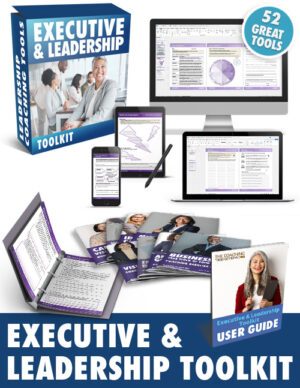Executive & Leadership Toolkit with leadership tools visible on laptop, iMac and iPad with leadership coaching tools and resources laid out in a spread in front