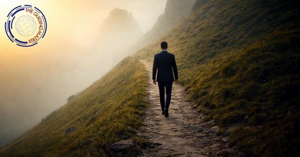 Man walking along a path toward the horizon.