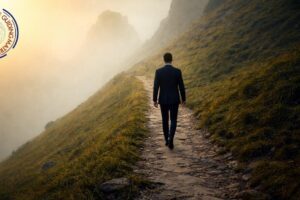 Man walking along a path toward the horizon.